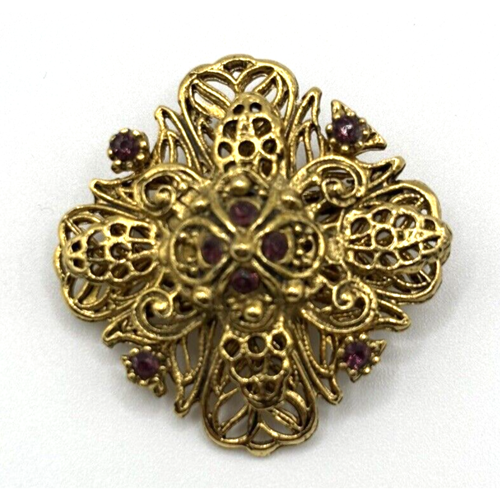 Vintage Filigree Rhinestone Brooch Bronze Purple J1-3012 10$